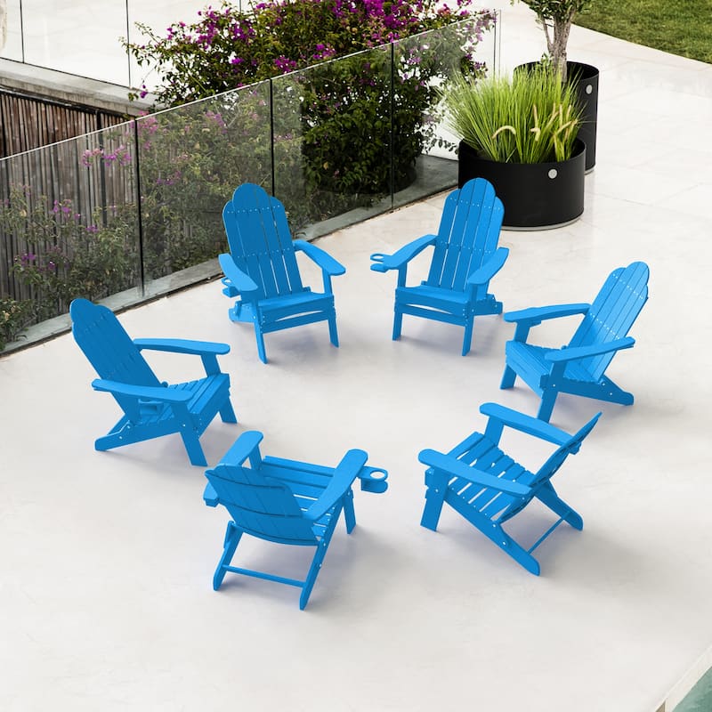 Foldable HDPS Weather Resistant Patio Adirondack Chairs With Cup Holder Set of 6 - 35"D x 30"W x 36.2"H - Light Blue