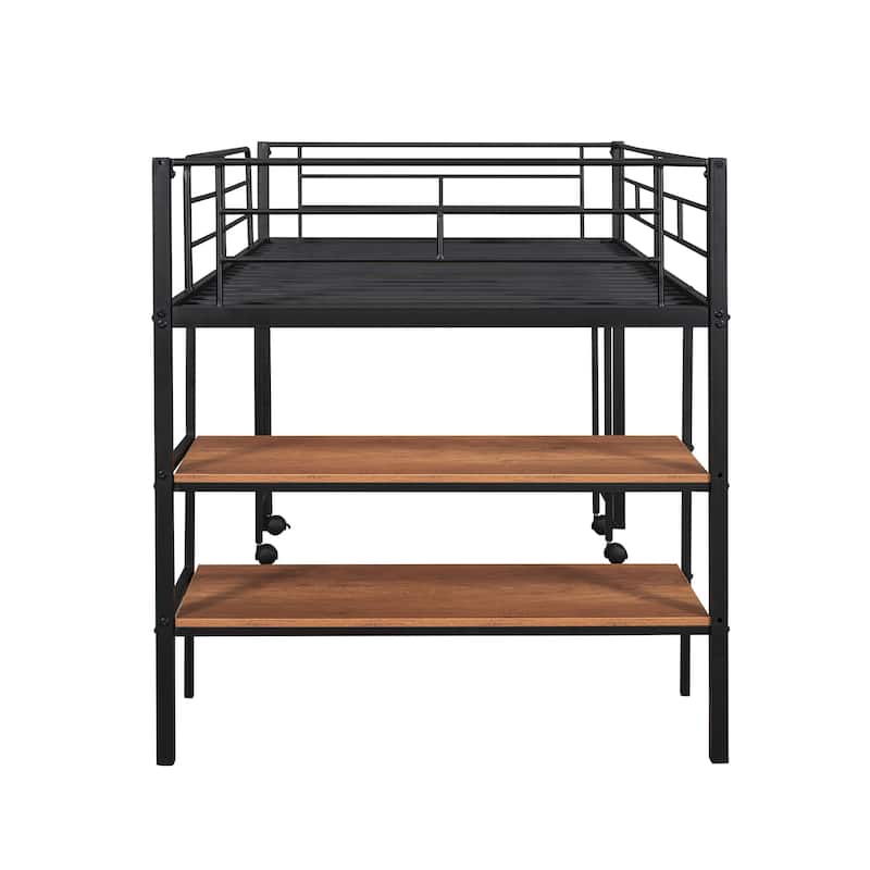 Black Twin Size Metal Loft Bed with Desk and Shelves for Kids, Teens, Girls, Boys