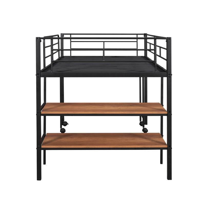 Twin Size Metal Loft Bed with Desk and Shelves in Black