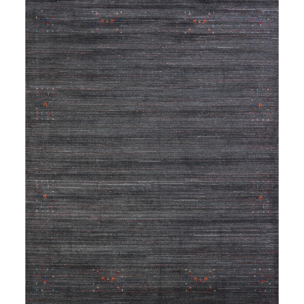 Hand Knotted Oriental 100% Wool Carpet Tribal Stripe Greys & Charcoal Gabbeh Area Rug - 9' 6'' X 9' 9''