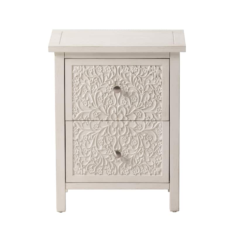 COZAYH Farmhouse Fully-Assembled Nightstand with 2-Drawer, Flower Motif End Table for Small Spaces, French Country