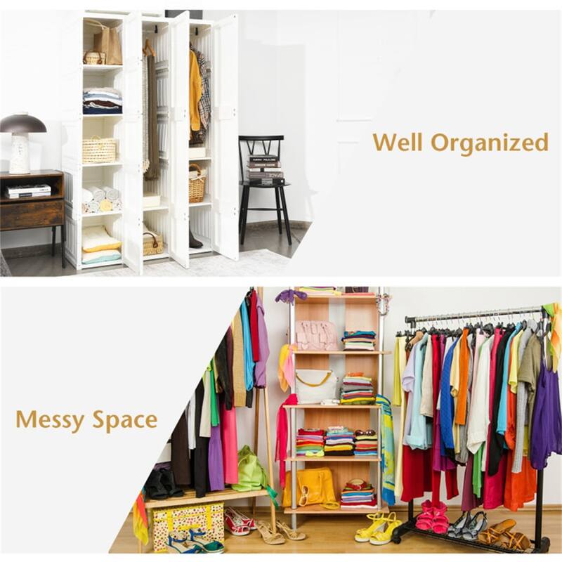 White PP and ABS Foldable Portable Closet with 10 Cubbies, Rods and Magnet Doors - 40.9" x 19.7" x 66.9" (L x W x H)