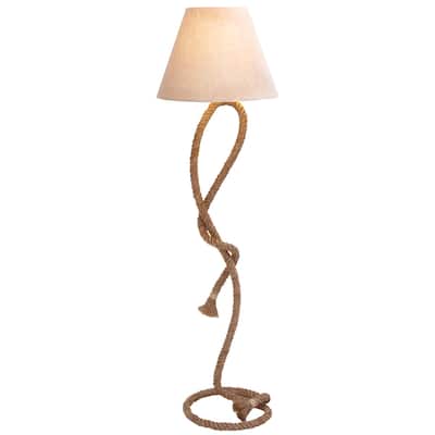 Jute Rope Twisted Rope Floor Lamp with Cream Linen Shade - Brown - Roche River Decor