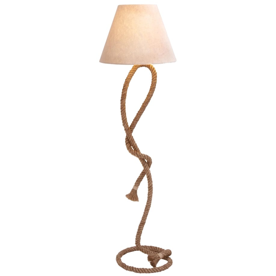Jute Rope Twisted Rope Floor Lamp with Cream Linen Shade - Brown - Roche River Decor