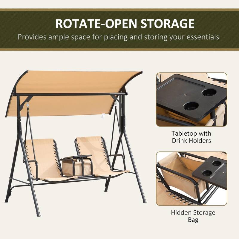 2-Seater Porch Swing with Pivot Table, Cup Holder, Adjustable Canopy