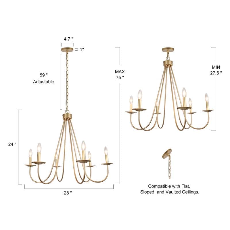 Rella Modern Farmhouse Chandelier 6-light Classic Candle Metal Dining Room Pendant - Light Gold - D28" x H24"