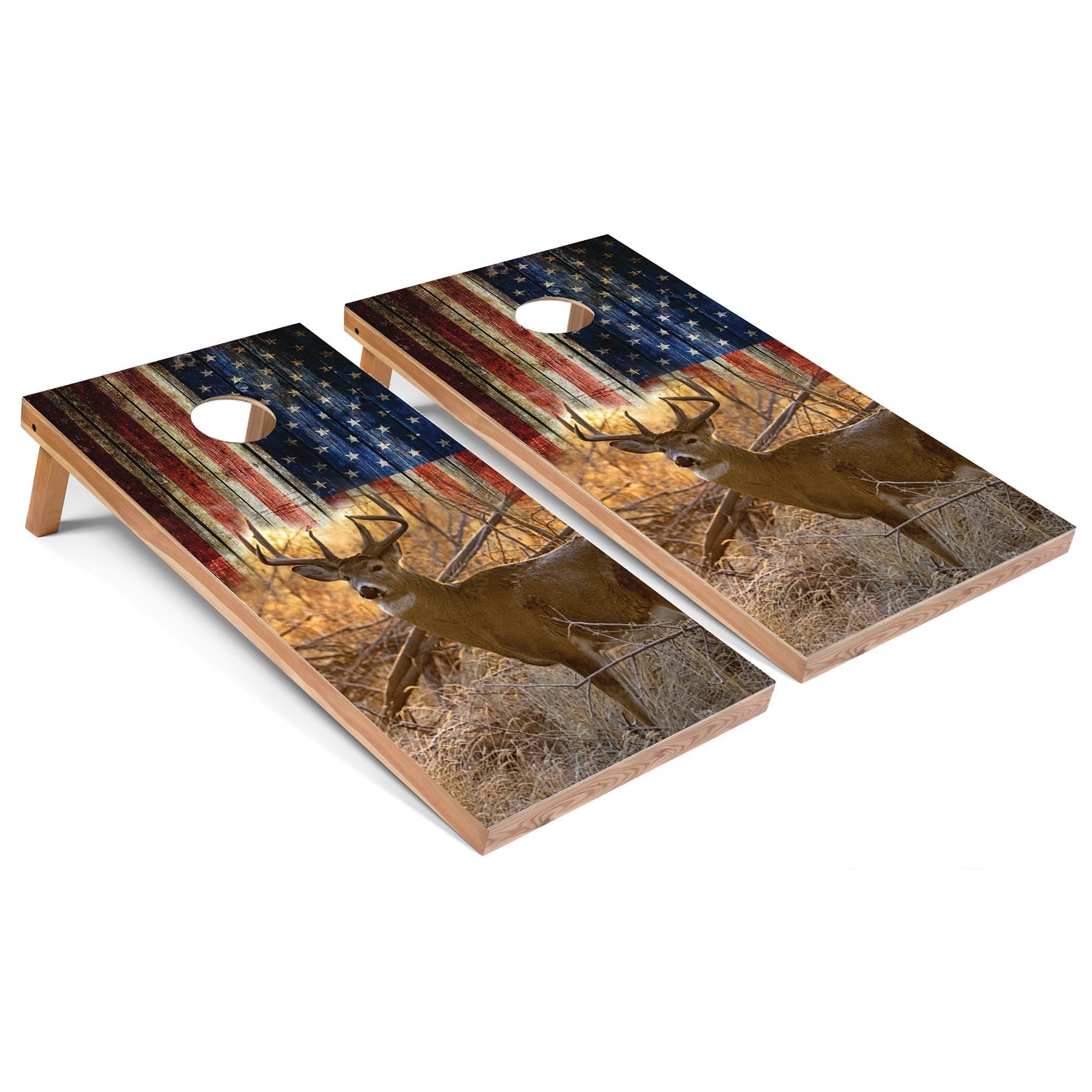 Solid Wood Cornhole Boards - American Flag Deer Design