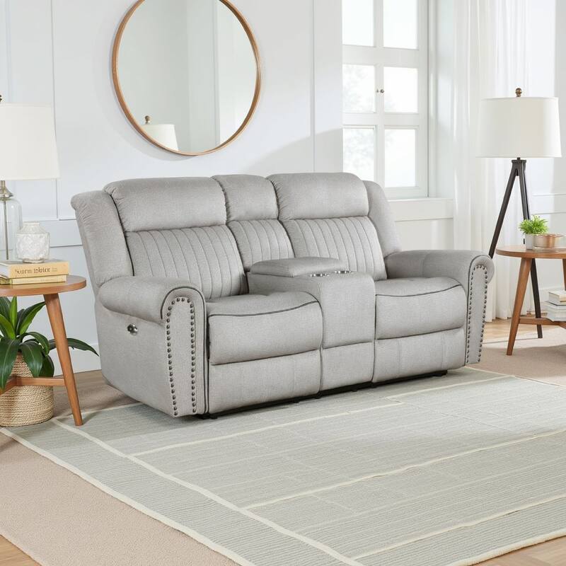 Ben Power Reclining Loveseat, 76 Inch, Gray Microfiber, Nailhead Trims