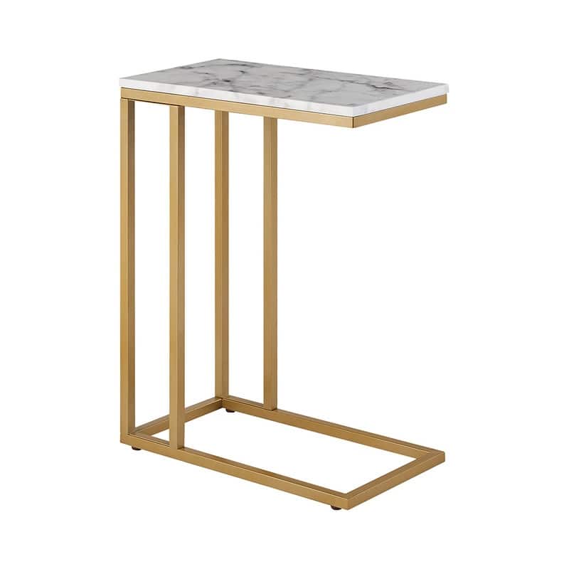 ROSEN GARDEN Faux Marble C-Shape Side End Table Metal Frame, White - White