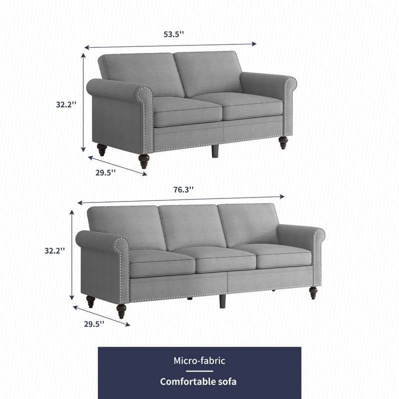Mixoy 2 Piece Living Room Sofa Set with Rivet Design,Linen 3-Seater Sofa Couch,Loveseat Sofa/Single Sofa Chair