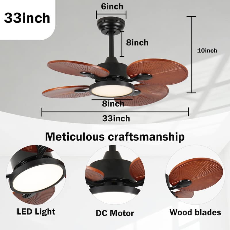 33-Inch Ceiling Fan with Light, 5 Solid Wood Blades, DC Motor, APP & Remote Control, Dimmable Full-Spectrum LED