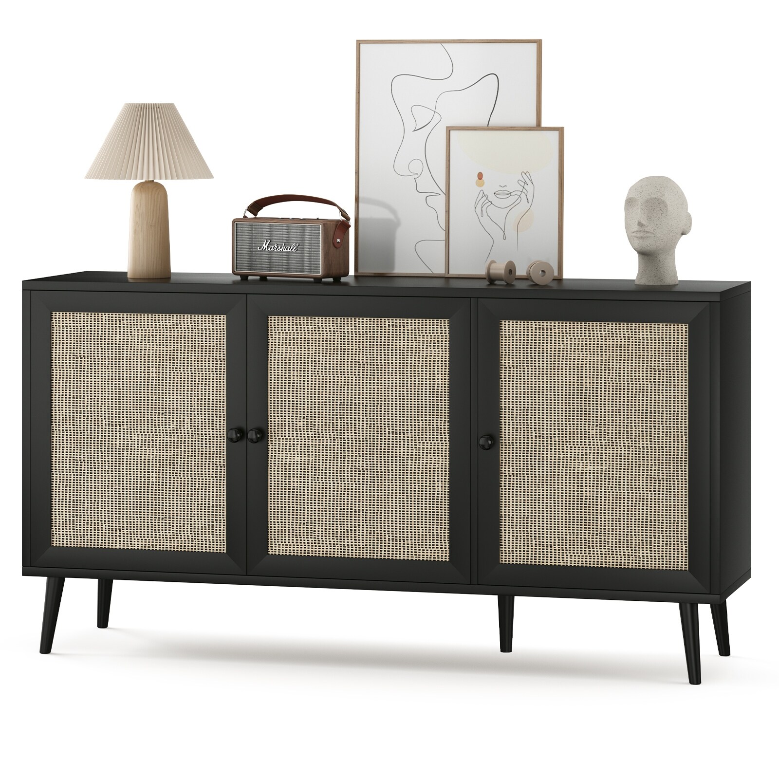 3 Rattan Door Accent Storage Cabinet Freestanding Buffet Sideboard Wood Console Table Entrance Display Cabinet for Living Room