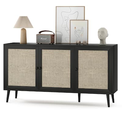 Sideboard Buffet Cabinet with 3 Rattan Doors,Modern Kitchen Storage Console Cabinet for Entryway Living Room (Large)