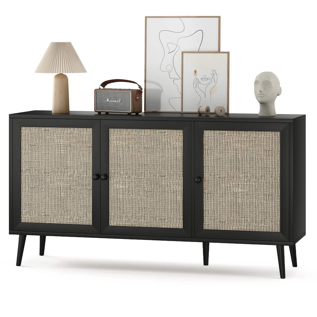 Sideboard Buffet Cabinet with 3 Rattan Doors,Modern Kitchen Storage Console Cabinet for Entryway Living Room (Large)