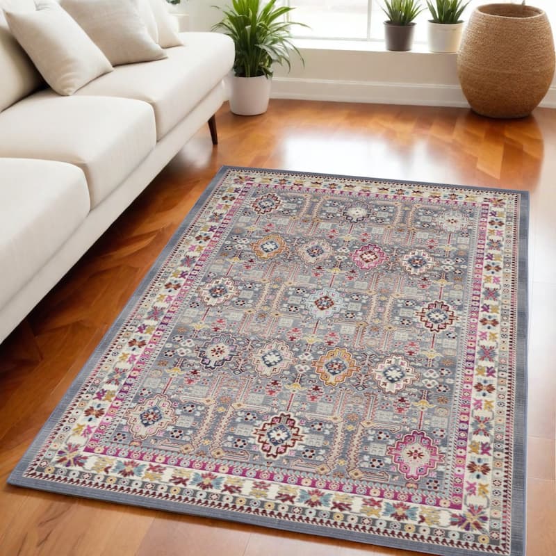 HomeRootsFloral Bohemian Rectangle Area Rug - 94' X '63' X '0.5 - 94' X '63' X '0.5 - Pink/Ivory/Gray