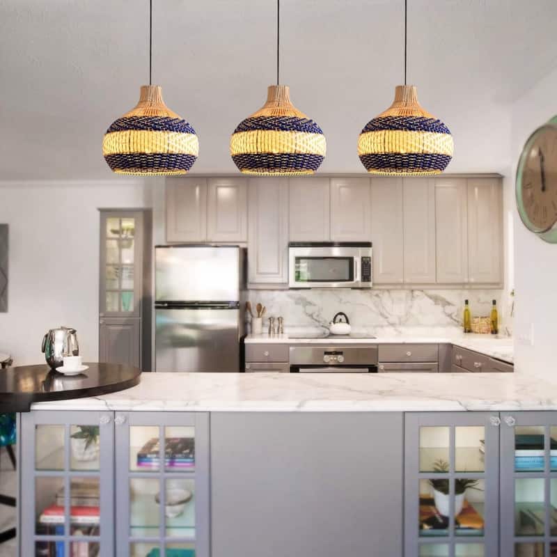 3 Light kitchen ighting blue white pendant lights faux rattan pendant light