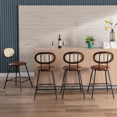 Counter Stools Set of 4, Metal Counter Height Barstools for Home, Faux Leather Counter Stool with Rattan Backrest