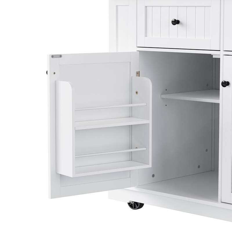 48'' Large Kitchen Island with 2 Bar Stools & Power Outlet, Kitchen Cart on 5 Wheels with Drop Leaf, 5 Side Racks & 2 Drawers