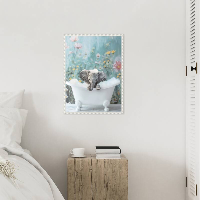 Blue Blossom Elephant Bath by Niky Rahner Framed Canvas Wall Art