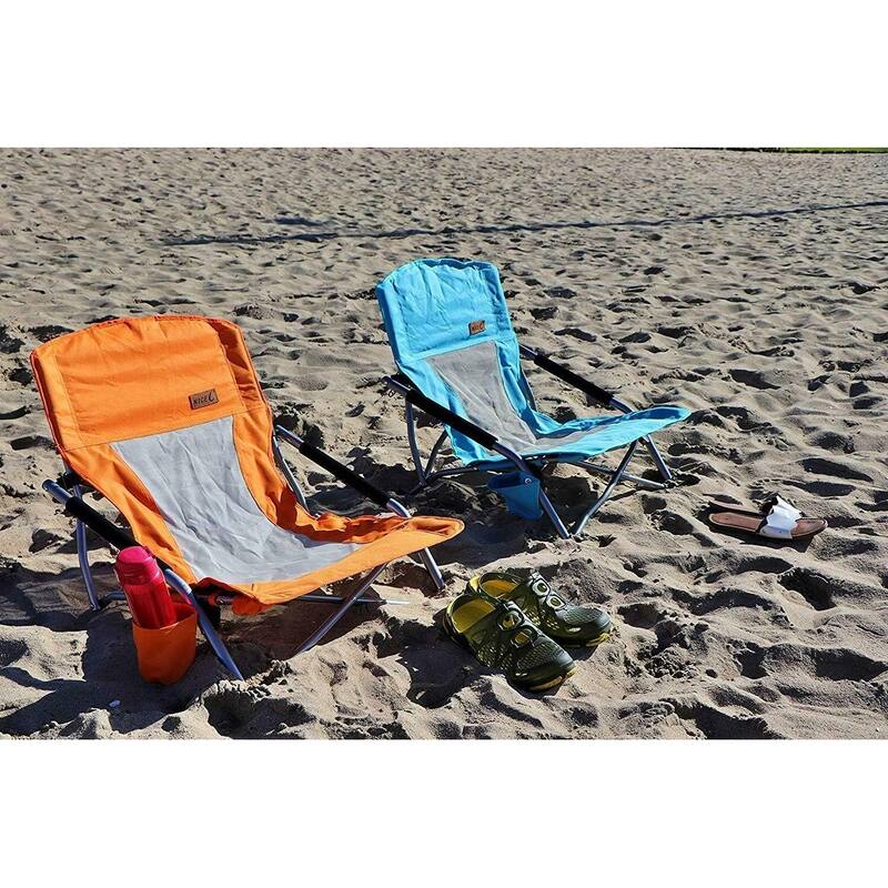 Portable Low Beach Chair with Cup Holder and Carry Bag, Sling Folding Sand Chair for Adults and Kids