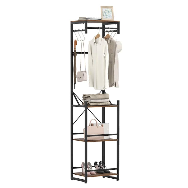 Costway Freestanding Coat Rack with 4 Storage Shelves 6 Hooks & 3 - See Details - Rustic Brown + Black - See Details