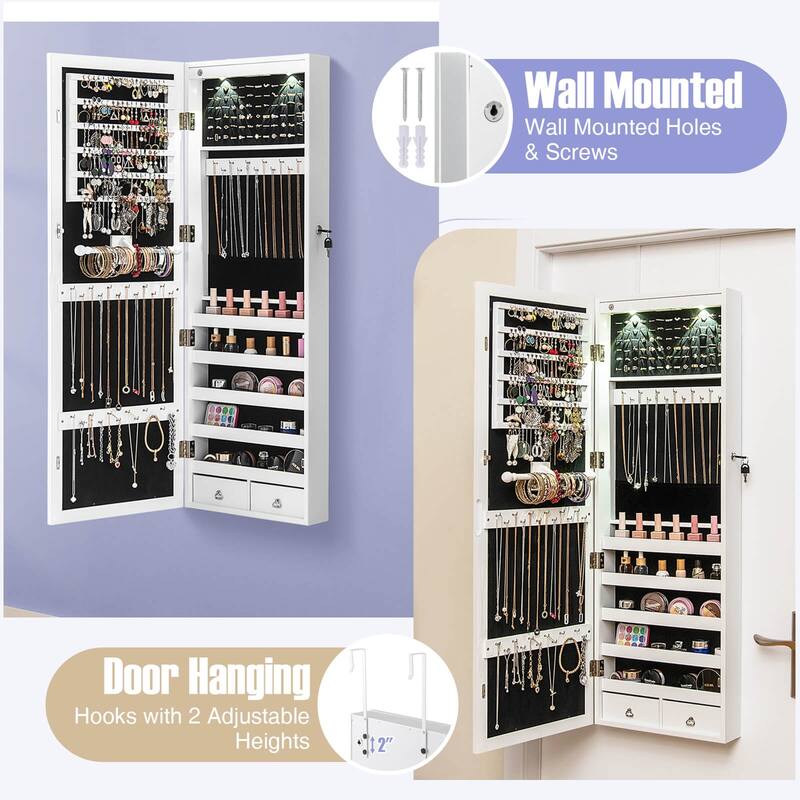 Costway Mirror Jewelry Cabinet with Full Length Clear Mirror & - 14.5" x 4" x 48.5"/50.5" (L x W x H)