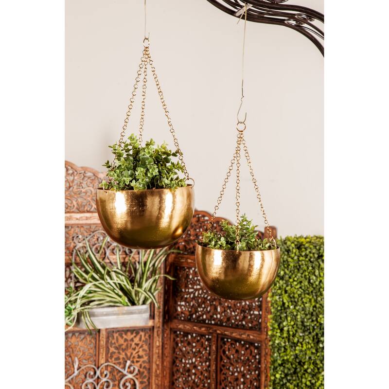 Black, Gold or Silver Metal Indoor Outdoor Hanging Dome Wall Planter with Chain (Set of 2)