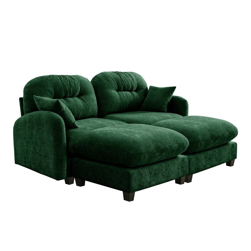 2 Seat Chenille Sofa Round Arms Sectional Sofa, Modern 74" Tufted Back Couch with Ottoman for Lving Room, Small Space