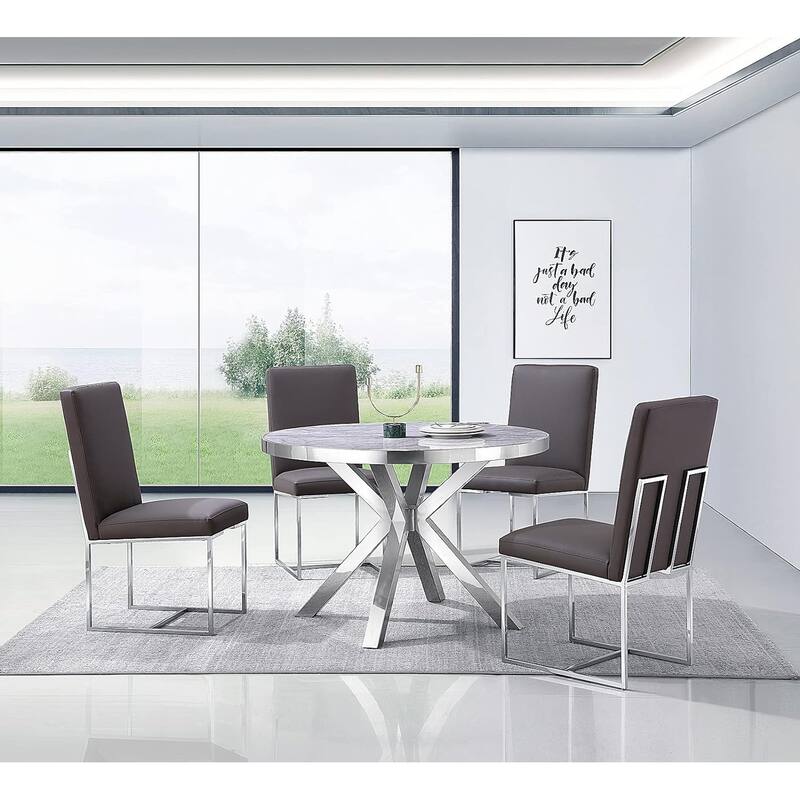 Round Dining Room Table with Silver Stainless Steel Metal Cross Base
