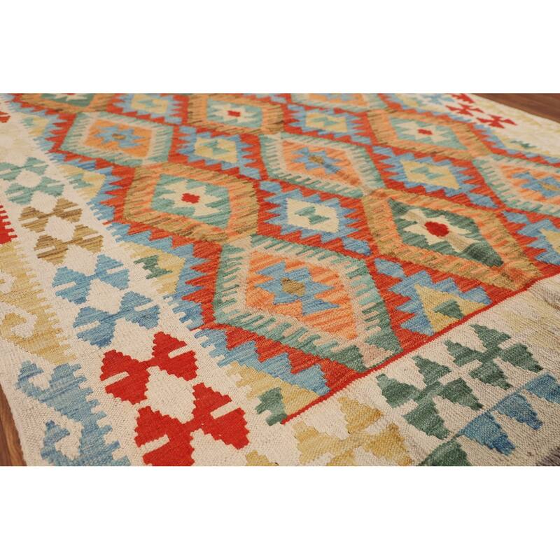 Geometric Multi-Color Kilim Oriental Rug Flatweave Wool Carpet - 5'0"x 6'6"