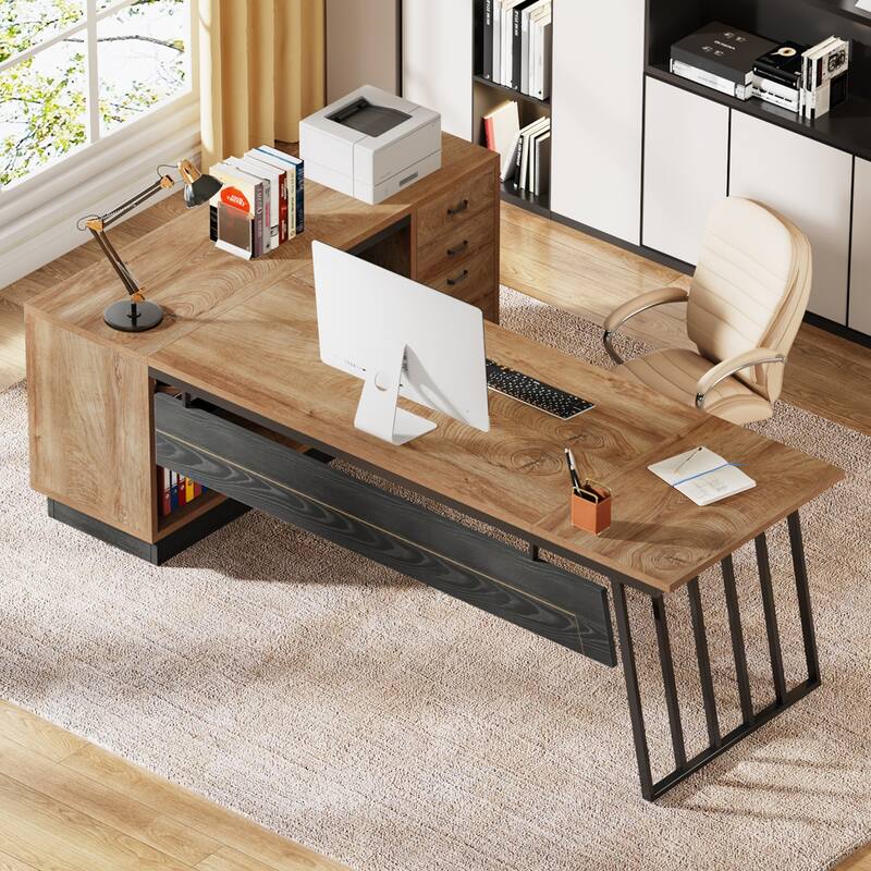 71-Inch Executive Desk, L-Shaped Desk with Cabinet