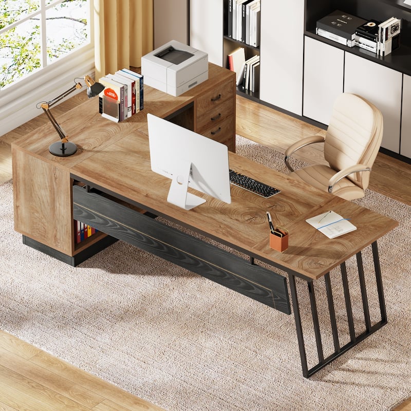 71 Inch Modern Executive Desk, L-Shaped Desk with Cabinet,Brown and White