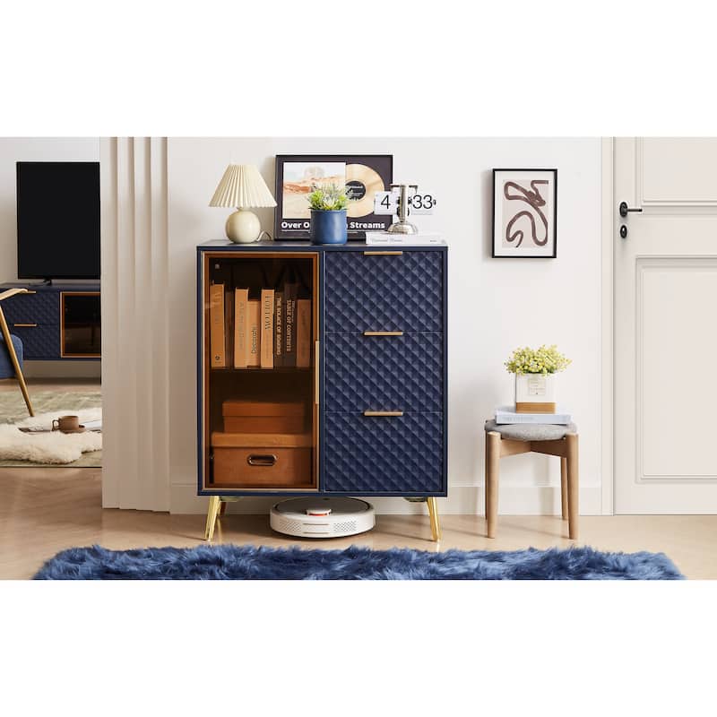 Modern Storage Cabinet withTempered Glass Door, Gold Legs ,3 Drawers and Display Shelf - Dark Blue