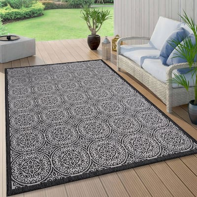 World Rug Gallery Transitional Floral Circles Textured Flat Weave Indoor/Outdoor Area Rug