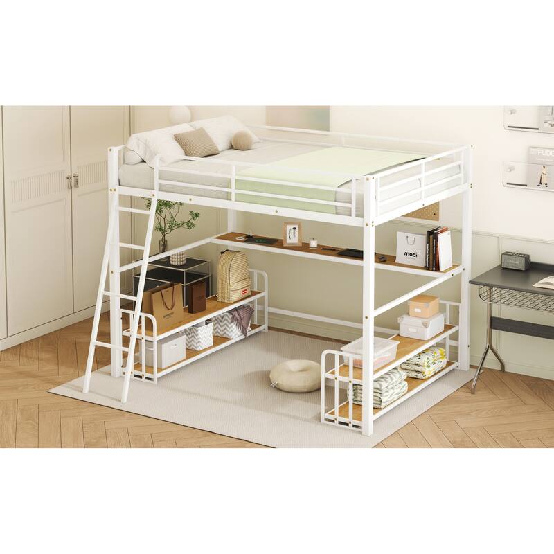 Heavy Duty Metal Bed Frame, Twin Size Loft Bed with Wood Desktop Desk, Storage Shelves and Charging Station for Bedroom