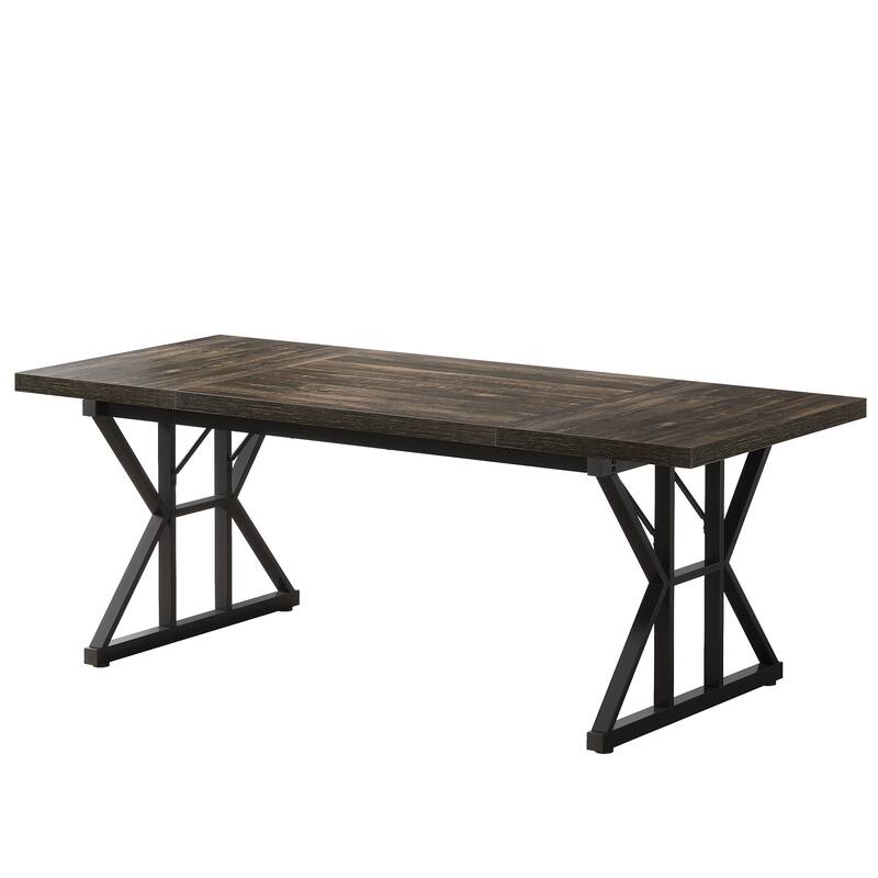 71" Dining Table for 6, Rustic Rectangular Kitchen Table with X-Trestle Metal Legs, Wood Top Dinner Table for Dining Room