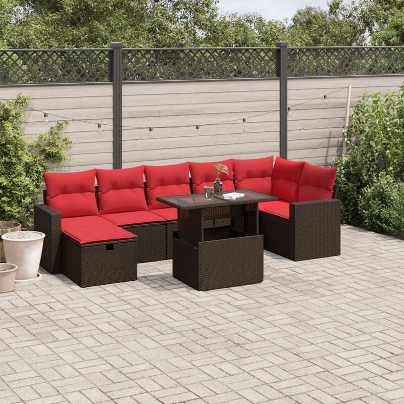 vidaXL Patio Sofa Set with Cushions and Table Outdoor Garden 8 Piece Poly Rattan - 24.4" x 24.4" x 27.2" - Brown