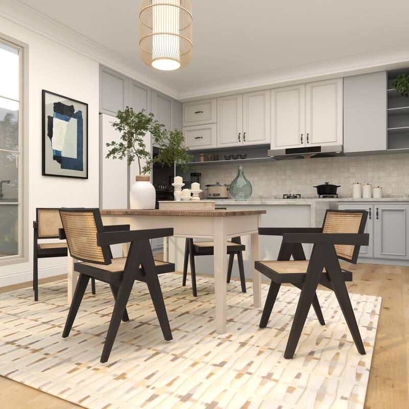 Teak Wood Living Room Accent Chair with Leather or Woven Cane Seat