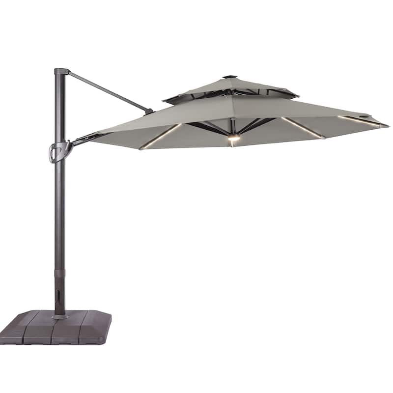 BONOSUKI 11Ft LED Double Top Aluminum LED Cantilever Patio Umbrella with Base for Patio Deck Garden, Red