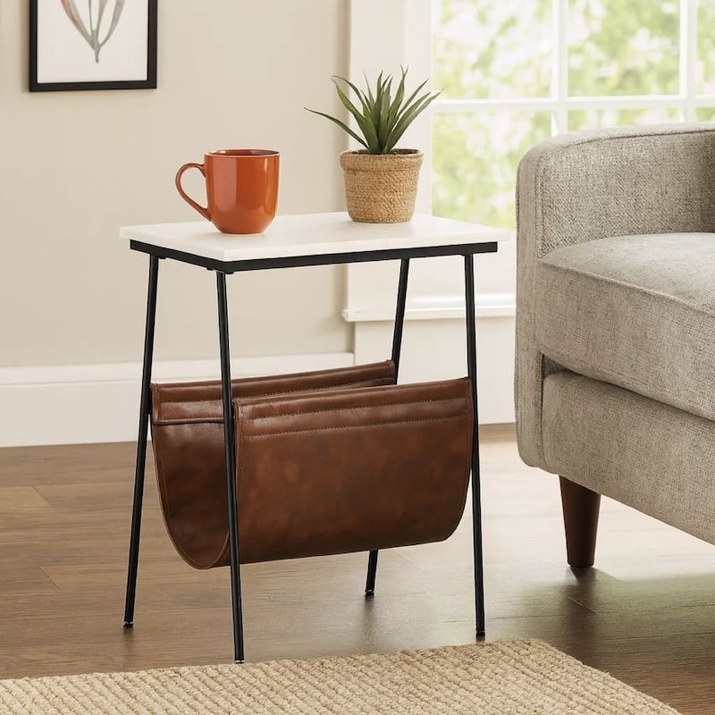 Marble Top Accent Table with Faux Leather Swing Holder, White and Brown