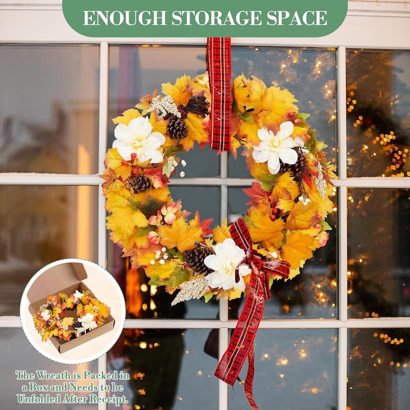 24 Inch Autumn Maple Leaf Wreath for Front Door Window Fireplace - N/A