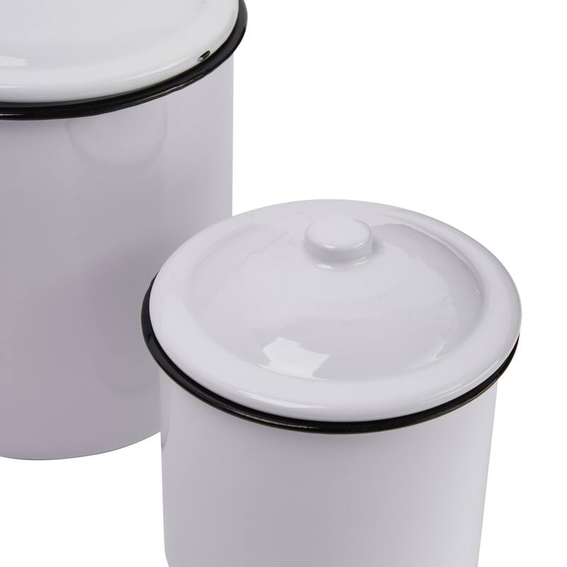 Set of 2 White Enameled Canisters with Lids