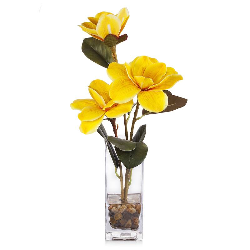 Enova Home Artificial Real Touch Magnolia Faux Flowers Arrangement in Rectangle Glass Vase with Faux Water and River Rock
