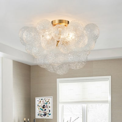Brass 3-Light Water Textured Glass Globe Bubble Semi-flush Mount - 20.9in