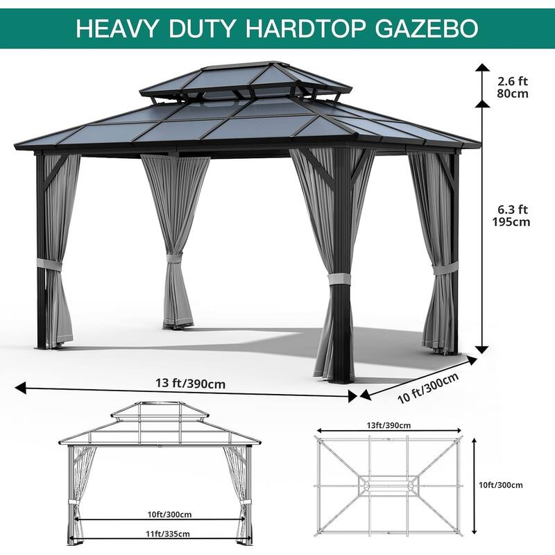Hardtop Outdoor Double Roof Gazebo, Aluminum Frame Permanent Pavilion with Curtains and Nettin