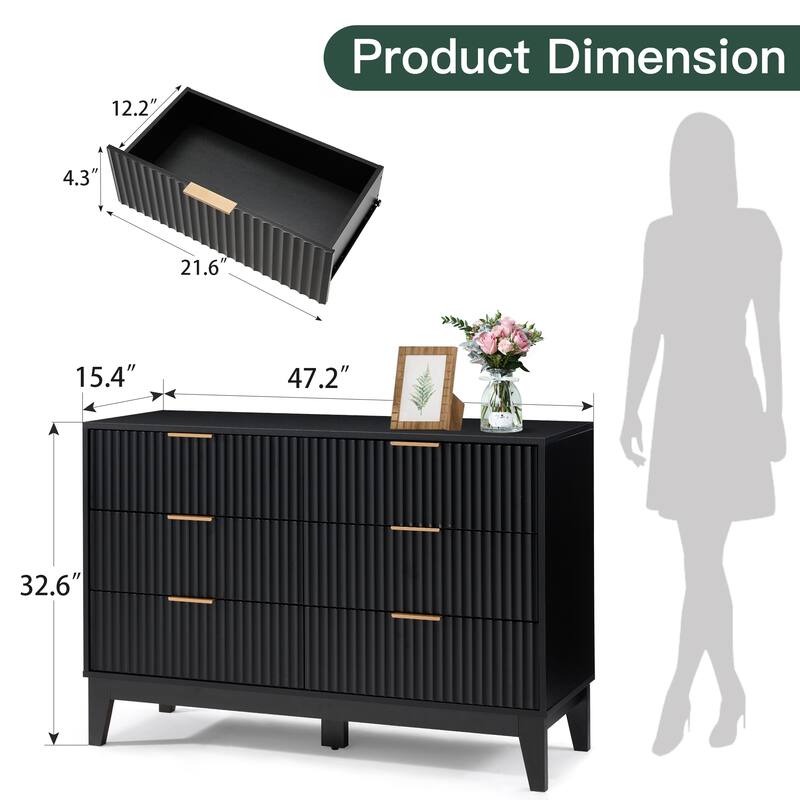 EROMMY Fluted 6-Drawer Dresser – Mid Century Modern Wide Chest with Metal Handles for Bedroom & Living Room