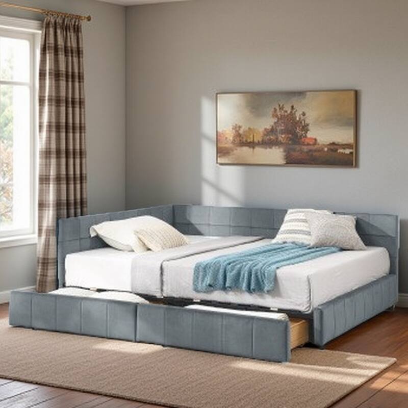 Full Size Mid-Century Velvet Upholstered Daybed with Storage Drawers, Wood Frame, Comfortable Backrest and Armrest - Grey
