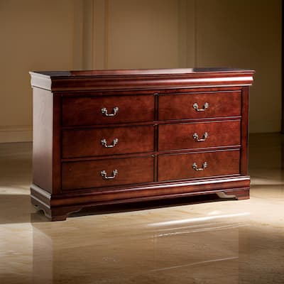 Ryla Wide Dresser, 6 Drawers, Bronze Metal Handles, Cherry Brown Solid Wood