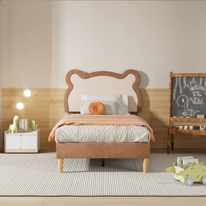 VECELO Twin Beds for Kids, Upholstered Platform Bedframes, Brown Kids Bed Set of 2