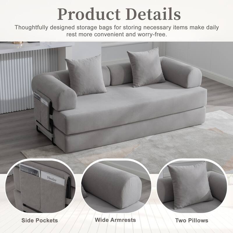Foldable Modular Couch Sleeper Loveseat Sofa Bed with Storage Side Pocket, Detachable Metal Frame and Corduroy Fabric Cover